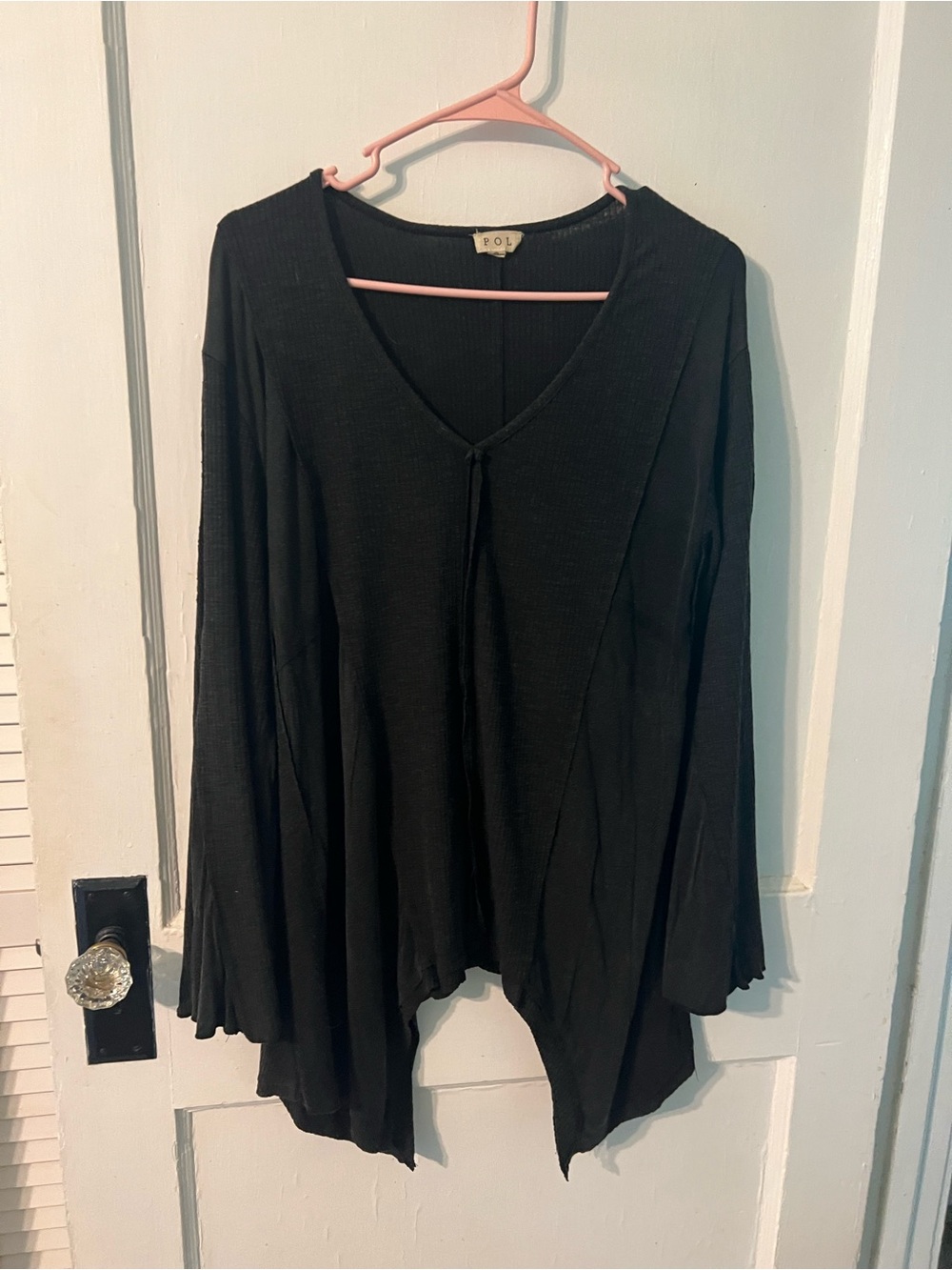 POL Black V-Neck Draped Long Sleeve Tunic